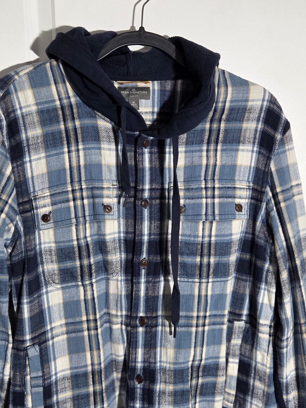 LL Bean Signature Hooded Shirt Shacket Men’s Medium Plaid Button Down Slim